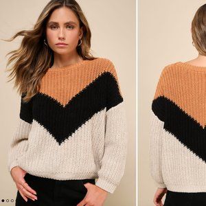 Lulus - Autumn Leaves Tan Multi Chevron Stripe Knit Sweater - size XS